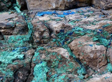 Copper minerals filling the veins and fractures in the host rock. 